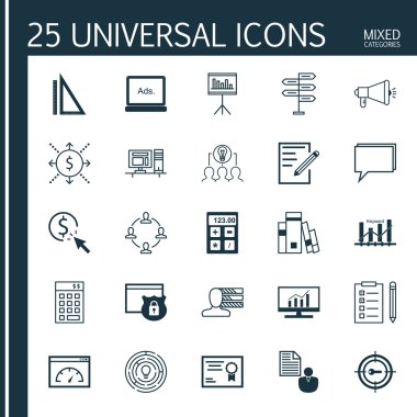 İşbirliği, Finansal, Yükleme Hızı ve Daha Fazla Konu Üzerine 25 Evrensel Simge ler Ayarlayın. Finansal, Konferans, Rapor ve Diğer Simgeleri Içeren Vektör Simge Seti.