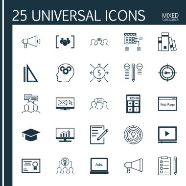 Set 25 Evrensel Simgeler Pazar Araştırması, Tartışma, Kağıt Ve Daha Fazla Konu. Yenilik, Kütüphane, Zamanlama ve Diğer Simgeler Dahil Vektör Simge Seti.