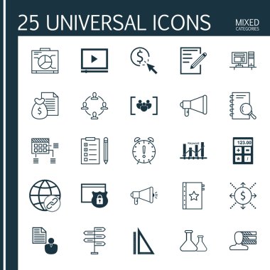 Soru formu, güvenlik, çizelge ve diğer konular üzerine 25 Evrensel Simge ler ayarlayın. Rapor, Bağlantı, Fırsat ve Diğer Simgeler Dahil Vektör Simge Seti.