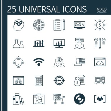 Kişisel Yetenekler Üzerine 25 Evrensel Simge, Anket, Boş CD ve Daha Fazla Konular. Kütüphane, İşbirlikçi Çözüm, Zamanlama ve Diğer Simgeleri içeren Vektör Simgesi Seti.