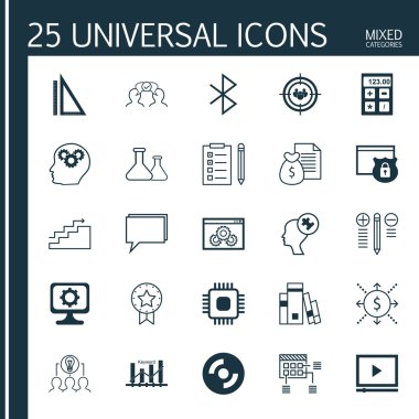Set 25 Evrensel Simgeler Chip, Finans, Para Ve Daha Fazla Konular. Odak Grubu, Kütüphane, İşbirliği ve Diğer Simgeleri Içeren Vektör Simge Seti.
