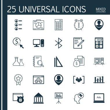 Bilgisayar, Eğitim Merkezi, Dijital Medya Ve Daha Fazla Konu Üzerine 25 Evrensel Simgeler Set. Ölçüm, Analiz, Güvenlik ve Diğer Simgeleri Içeren Vektör Simge Seti.