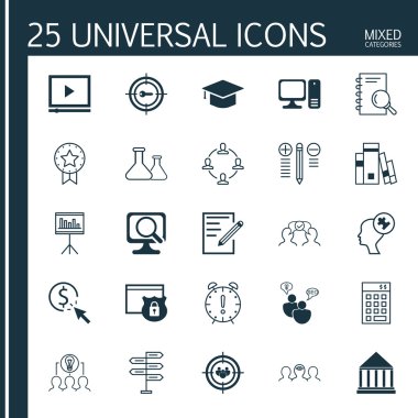 Dizüstü Bilgisayar, Zaman Yönetimi, Güvenlik ve Daha Fazla Konu Üzerinde 25 Evrensel Simgeler Ayarlayın. Güvenlik, Analiz, Eğitim Merkezi ve Diğer Simgeleri Içeren Vektör Simge Seti.