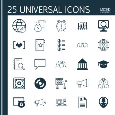 Duyuru, Rapor, Anahtar Kelime Optimizasyonu Ve Diğer Konular Hakkında 25 Evrensel Simgeler Ayarlayın. Garanti, Bağlantı, Güvenlik ve Diğer Simgeler Dahil Vektör Simge Seti.