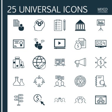 Bağlantı, Sertifika, İşbirliği ve Daha Fazla Konu Üzerine 25 Evrensel Simge ler Kümesi. Koçluk, Analiz, Bağlantı ve Diğer Simgeler Dahil Vektör Simge Seti.