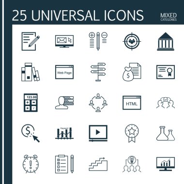 Karar Verme, Fırsat, Kimyasal Ve Daha Fazla Konu Üzerine 25 Evrensel Simgeler Ayarlayın. Sertifika, Karar Verme, Kütüphane ve Diğer Simgeleri Içeren Vektör Simge Seti.
