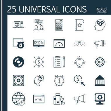 Bağlantı, İnsan Aklı, Garanti Ve Daha Fazla Konu Üzerine 25 Evrensel Simgeler Ayarlayın. İşbirliği, Anahtar Kelime Pazarlama, Yükleme Hızı ve Diğer Simgeler Dahil Vektör Simge Seti.