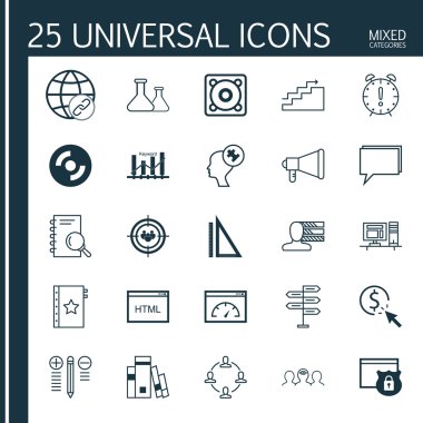 Güvenlik, kodlama, koçluk ve daha fazla konu hakkında 25 evrensel ikon seti. Vektör Simgesi Ayarları Konferans, Güvenlik, Fırsat ve Diğer Simgeler.