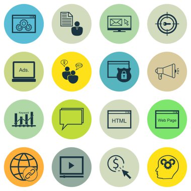 Set Seo, Pazarlama Ve Reklam Simgeleri Kodlama, Bülten, Konferans Ve Daha Fazlası. Bağlantı, Bülten, Beyin Süreci ve Diğer Vektör Simgeleri içerir.