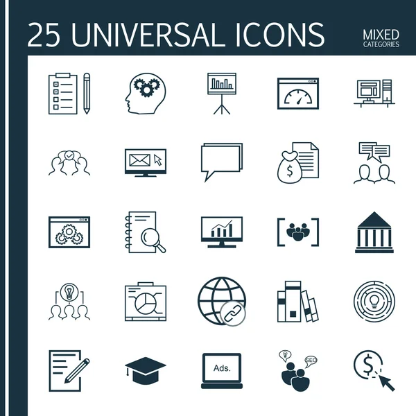 Állítsa be a 25 univerzális ikonok a kapcsolat, konferencia, innováció és több téma. Vektoros ikon szett, beleértve a Tanács, vita, digitális média és egyéb ikonok. — Stock Vector