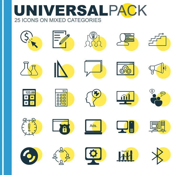 Conjunto de 25 iconos universales en papel, optimización de palabras clave, CD en blanco y más temas. Conjunto de iconos vectoriales que incluye computadora, lluvia de ideas SEO, investigación de mercados y otros iconos . — Archivo Imágenes Vectoriales