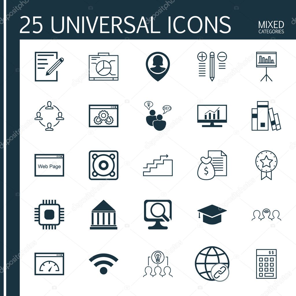 Set Of 25 Universal Icons On Loading Speed, Pin Employee, Coaching And More Topics. Vector Icon Set Including Collaboration, Collaborative Solution, Graduation And Other Icons.