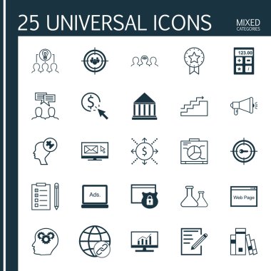 Set Of 25 Universal Icons On Newsletter, Website, Money And More Topics. Vector Icon Set Including PPC, Media Campaign, Brain Process And Other Icons.