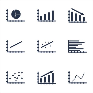 Grafikler, diyagramlar ve istatistik simgeler kümesi. Premium Kalite simgesi derleme. Simgeler, Web, uygulama ve kullanıcı arabirimi tasarımı için kullanılabilir. Vektör çizim, Eps10.