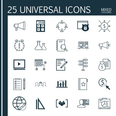 Ölçme, Anket, Bağlantı ve Diğer Konular Üzerine 25 Evrensel Simge ler Ayarlayın. Bağlantı, Finans, Yönetim Kurulu ve Diğer Simgeler Dahil Vektör Simge Seti.
