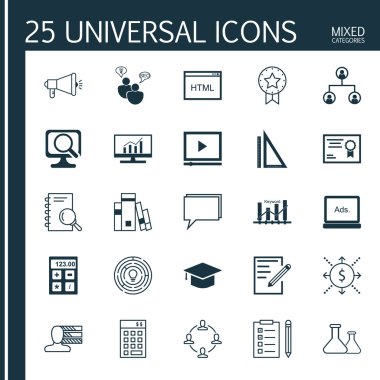 Set 25 Evrensel Simgeler Dijital Medya, Para, Yenilik Ve Daha Fazla Konu. Medya Kampanyası, Konferans, Yenilik ve Diğer Simgeler Dahil Vektör Simge Seti.