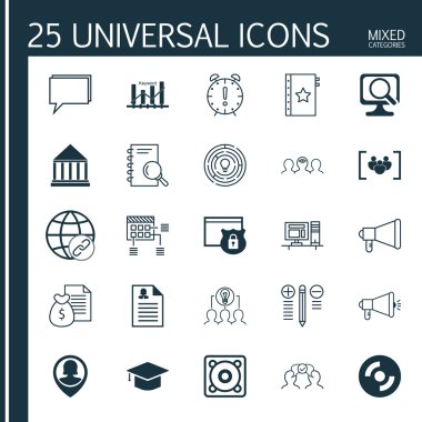 25 Evrensel Simge Raporu, Müzik, Medya Kampanyası ve daha fazlası. Vektör Simgesi Seti Koçluk, Garanti, İşbirliği ve Diğer Simgeler.