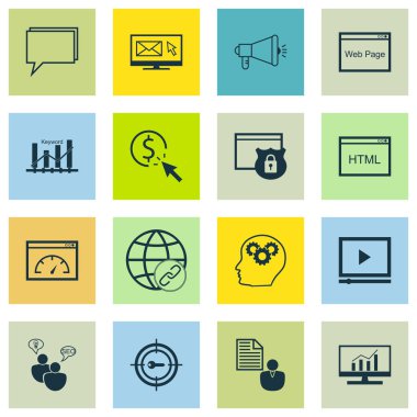 Set 16 Evrensel Simgeler Pazar Araştırması, Video Player, Anahtar Kelime Optimizasyonu Ve Daha Fazla Konu. Seo Brainstorm, Rapor, Bülten Ve Diğer Simgeler dahil Vektör Simge Seti.