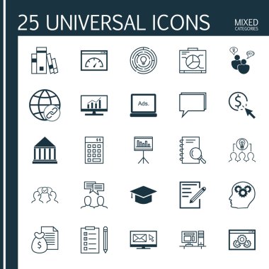 25 Evrensel Simge Raporu, Haber Bülteni, Beyin Süreci ve daha fazlası. Anımsatıcı, Beyin Süreci, Sunum ve Diğer Simgeleri içeren Vektör Simgesi Seti.