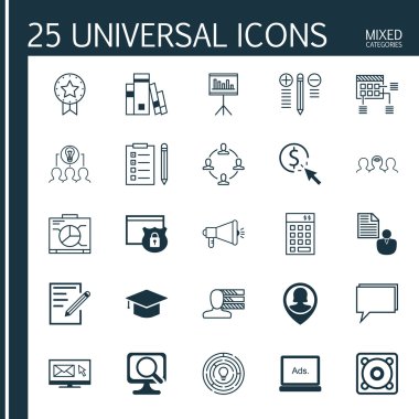 Kişisel beceriler, mezuniyet, hatırlama ve daha fazlası üzerine 25 evrensel simge seti. Anımsatıcı, Konferans, Mezuniyet ve Diğer Simgeleri içeren Vektör Simgesi Seti.