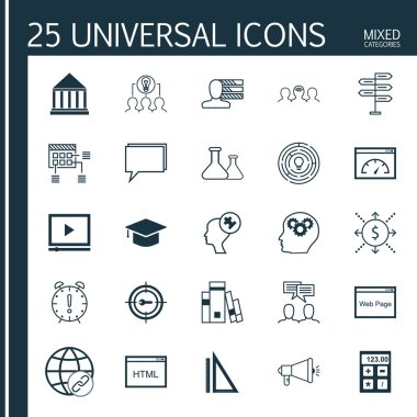 Yenilik, İnsan Aklı, Medya Kampanyası Ve Daha Fazla Konu Üzerine 25 Evrensel Simgeler Set. Bağlantı, Medya Kampanyası, Eğitim Merkezi ve Diğer Simgeler Dahil Vektör Simge Seti.