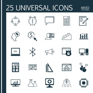 İşbirlikçi Çözüm, Zaman Yönetimi, Dijital Medya Ve Daha Fazla Konu Üzerine 25 Evrensel Simge ler Ayarlayın. İnsan Aklı, Seo Beyin Fırtınası, Ölçüm Ve Diğer Simgeler Dahil Vektör Simge Seti.