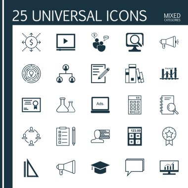 SEO Beyin Fırtınası, Konferans, Mezuniyet ve Daha Fazla Konu Üzerine 25 Evrensel Simge Seti. Finansal, Kağıt, Video Oynatıcı ve Diğer Simgeleri içeren Vektör Simgesi Seti.