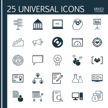 Set 25 Evrensel Simgeler Medya Kampanyası, Yükleme Hızı, Seo Brainstorm Ve Daha Fazla Konu. Bilgisayar, Fırsat, Beyin İşlemi ve Diğer Simgeler Dahil Vektör Simge Seti.