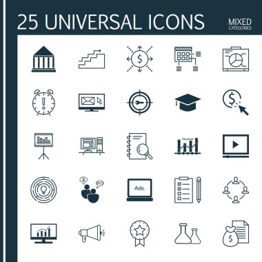 Set 25 Evrensel Simgeler Sunum, Anahtar Kelime Optimizasyonu, Seo Brainstorm Ve Diğer Konular. Analiz, Medya Kampanyası, Mevcut Rozet ve Diğer Simgeler Dahil Vektör Simge Seti.