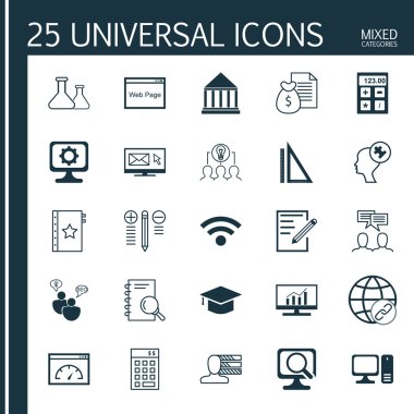Set 25 Evrensel Simgeler Yatırım, Kağıt, Pc Ve Diğer Konular. Bülten, Mezuniyet, Bilgisayar ve Diğer Simgeleri Içeren Vektör Simge Seti.