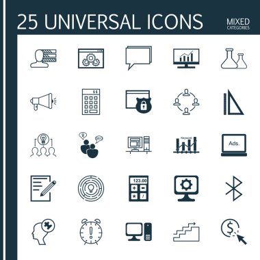 Zaman Yönetimi, Güvenlik, Finansal Ve Daha Fazla Konu Üzerine 25 Evrensel Simgeler Ayarlayın. Web Sitesi Performansı, Konferans, Bilgisayar ve Diğer Simgeler Dahil Vektör Simge Seti.
