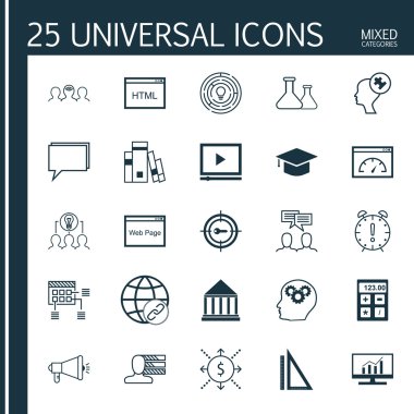 Set 25 Evrensel Simgeler Video Player, Kişisel Beceriler, Koçluk Ve Daha Fazla Konu. Pazar Araştırması, Kodlama, İşbirlikçi Çözüm ve Diğer Simgeler Dahil Vektör Simge Seti.