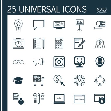 Kişisel beceriler, yenilik, program ve daha fazla konu üzerine 25 evrensel simge seti. Zamanlama, Anımsatıcı, İşbirlikçi Çözüm ve Diğer Simgeleri içeren Vektör Simgesi Seti.