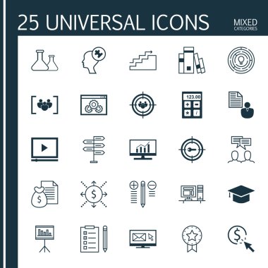 Tartışma, Bülten, Mezuniyet Ve Diğer Konular Üzerine 25 Evrensel Simgeler Ayarlayın. Bülten, Kimyasal, Fırsat ve Diğer Simgeleri Içeren Vektör Simge Seti.