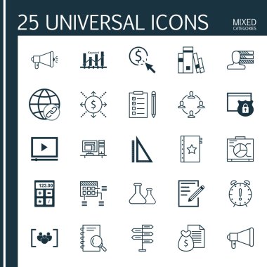 Duyuru, Analiz, Yönetim Kurulu Ve Diğer Konular Üzerine 25 Evrensel Simgeler Set. Analiz, Fırsat, Finansal Ve Diğer Simgeler Dahil Vektör Simge Seti.
