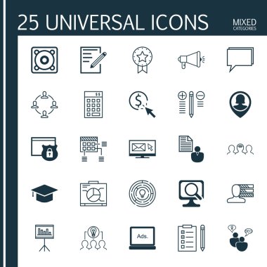 Set 25 Evrensel Simgeler Mevcut Rozet, Bülten, Müzik Ve Daha Fazla Konu. Mezuniyet, Konferans, Karar Verme Ve Diğer Simgeler Dahil Vektör Simge Seti.