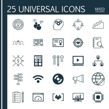 Duyuru, Boş Cd, Kablosuz Ve Daha Fazla Konu Üzerine 25 Evrensel Simgeler Ayarlayın. Vektör Simge Seti Duyuru, Ağaç Yapısı, Koçluk Ve Diğer Simgeler Dahil.