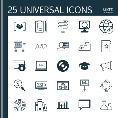 Garanti, Bülten, Kütüphane ve Diğer Konular Üzerine 25 Evrensel Simgeler Ayarlayın. Anahtar Kelime Optimizasyonu, Fırsat, Bağlantı ve Diğer Simgeleri Içeren Vektör Simge Seti.