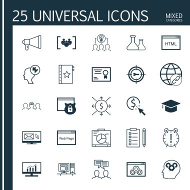 Mezuniyet, Garanti, Beyin Süreci Ve Daha Fazla Konu Üzerine 25 Evrensel Simgeler Ayarlayın. Bilgisayar, Duyuru, Beyin İşlemi Ve Diğer Simgeleri Içeren Vektör Simge Seti.