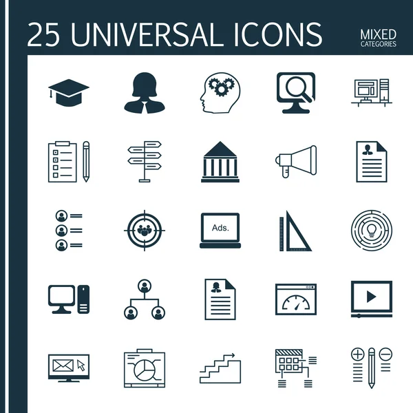 Állítsa be a 25 univerzális ikonok betöltése sebesség, mérés, hirdetmény és több téma. Vektor ikon szett beleértve a számítógép, digitális média, Álláspályázóknak és egyéb ikonok. — Stock Vector