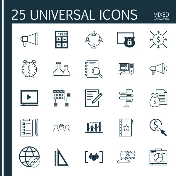 Ölçme, Anket, Bağlantı ve Diğer Konular Üzerine 25 Evrensel Simge ler Ayarlayın. Bağlantı, Finans, Yönetim Kurulu ve Diğer Simgeler Dahil Vektör Simge Seti.