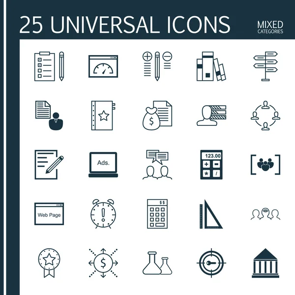 Garanti, Eğitim Merkezi, Hatırlatma Ve Diğer Konular 25 Evrensel Simgeler Ayarlayın. Kişisel Beceriler, Para, Yükleme Hızı ve Diğer Simgeleri Içeren Vektör Simge Seti.