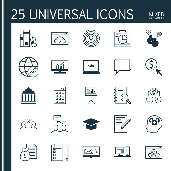 25 Evrensel Simge Raporu, Haber Bülteni, Beyin Süreci ve daha fazlası. Anımsatıcı, Beyin Süreci, Sunum ve Diğer Simgeleri içeren Vektör Simgesi Seti.