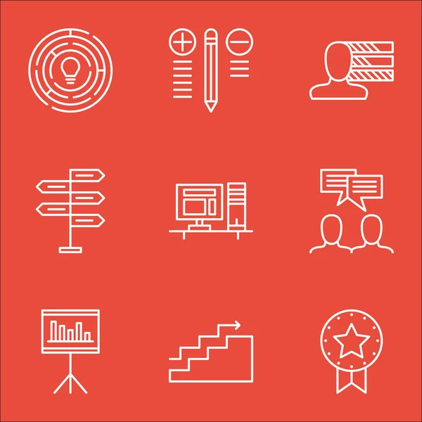 Conjunto de iconos de gestión de proyectos en presentación, oportunidad, computadora y más. Incluye innovación, discusión, habilidades personales y otros iconos vectoriales . — Vector de stock