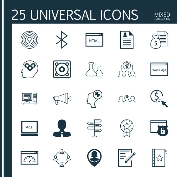 Müzik, İşbirliği, Garanti ve Daha Fazla Konu Üzerine 25 Evrensel Simgeler Ayarlayın. Kadın Uygulama, Beyin Süreci, Yenilik Ve Diğer Simgeler Dahil Vektör Simge Seti.