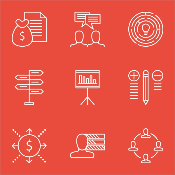 Conjunto de iconos de gestión de proyectos sobre dinero, presentación, informe y más. Incluye presentación, toma de decisiones, discusión y otros iconos vectoriales . — Vector de stock