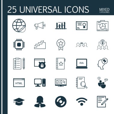 Set 25 Evrensel Simgeler Kablosuz, Bilgisayar, Yönetim Kurulu Ve Daha Fazla Konu. Bülten, Büyüme, Güvenlik ve Diğer Simgeleri Içeren Vektör Simge Seti.