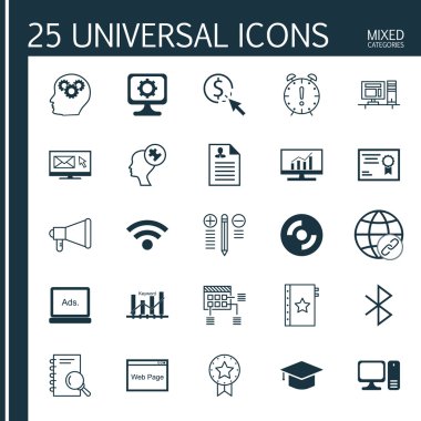 Set 25 Evrensel Simgeler Mevcut Rozet, İnsan Aklı, Kablosuz Ve Daha Fazla Konu. Analiz, Kablosuz, Zamanlama ve Diğer Simgeler Dahil Vektör Simge Seti.