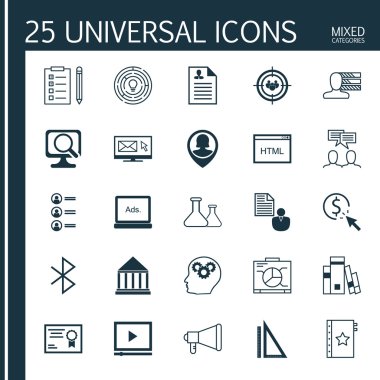 Sertifika, Eğitim Merkezi, Garanti Ve Diğer Konular 25 Evrensel Simgeler Ayarlayın. Garanti, Pin Çalışan, Odak Grubu ve Diğer Simgeler dahil Vektör Simge Seti.