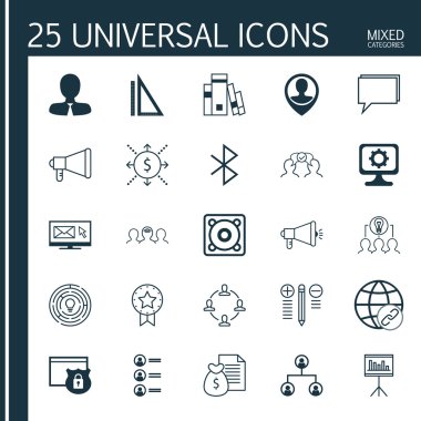 PC 'de 25 Evrensel Simge, İşbirliği, Koçluk ve daha fazla Konu. Vektör Simgesi Kümesi Konferans, İşbirliği, Ölçüm ve Diğer Simgeler.